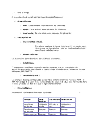 • Para el cuerpo
El producto deberá cumplir con las siguientes especificaciones:
• Organolépticas
o Olor.- Característico según estándar del fabricante
o Color.- Característico según estándar del fabricante
o Apariencia.- Característico según estándar del fabricante
• Fisicoquímicas
o Ingredientes activos.-
El producto objeto de la Norma debe tener 11 por ciento como
mínimo para los tipos adultos y cuerpo, empleando el método
específico de cada fabricante.
o Conservadores.-
Los autorizados por la Secretaría de Salubridad y Asistencia.
o Estabilidad.-
El producto en cuestión no debe sufrir cambio aparente, una vez que adquiera la
temperatura ambiente, después que la muestra haya sido colocada en una estufa durante
48 horas a 313 K (40°C)
o Irritación ocular.-
Los champús deben pasar la prueba que se indica en la Norma Oficial Mexicana NOM - K -
347. Para el tipo B, el valor de los índices IAOI debe estar de 0 a 5, o sea, no irritante. Para
el tipo A y C debe ser de 0 a 15 que es ligeramente irritante.
• Microbiológicas
Debe cumplir con las especificaciones siguientes: .
Cuerpo Para
Adultos
Para Bebes Para Cuerpo
Mesofílicas
aeróbicas
1000 col /
g máx.
500 col / g
máx.
1000 col / g
máx.
Pseudomona
aeruginosa
Ausente. Ausente. Ausente.
Staphylococcus Ausente. Ausente. Ausente.
 