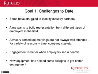 Goal 1: Challenges to Date 
• Some have struggled to identify industry partners 
• Aims wants to build representation from different types of 
employers in the field. 
• Advisory committee meetings are not always well attended – 
for variety of reasons – time, company size etc. 
• Engagement is better when employers see a benefit 
• New equipment has helped some colleges to get better 
engagement 
 