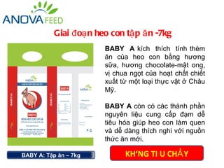 Giai đ oạ n heo con tậ p ă n -7kg
                         BABY A kích thích tính thèm
                         ăn của heo con bằng hương
                         sữa, hương chocolate-mật ong,
                         vị chua ngọt của hoạt chất chiết
                         xuất từ một loại thực vật ở Châu
                         Mỹ.

                         BABY A còn có các thành phần
                         nguyên liệu cung cấp đạm dễ
                         tiêu hóa giúp heo con làm quen
                         và dễ dàng thích nghi với nguồn
                         thức ăn mới.

BABY A: Tập ăn – 7kg           KHÔNG TI U CHẢ Y
 