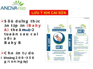 LƯU Ý KHI CAI SỮA

S ö û d u ï n g t h ức
  ăn t ập ăn ( B a b y
  A ) t h e â m 1- 2
  tua à n s a u c a i
  s öõ a
  Baby B

C h o ăn t ự d o
( khoảng 2 0 0 - 3 5 0
  g /c o n /n g ày)
 