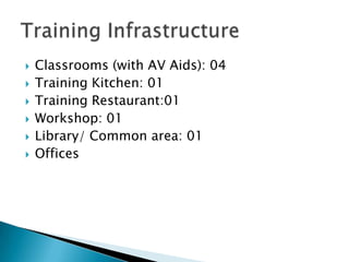    Classrooms (with AV Aids): 04
   Training Kitchen: 01
   Training Restaurant:01
   Workshop: 01
   Library/ Common area: 01
   Offices
 