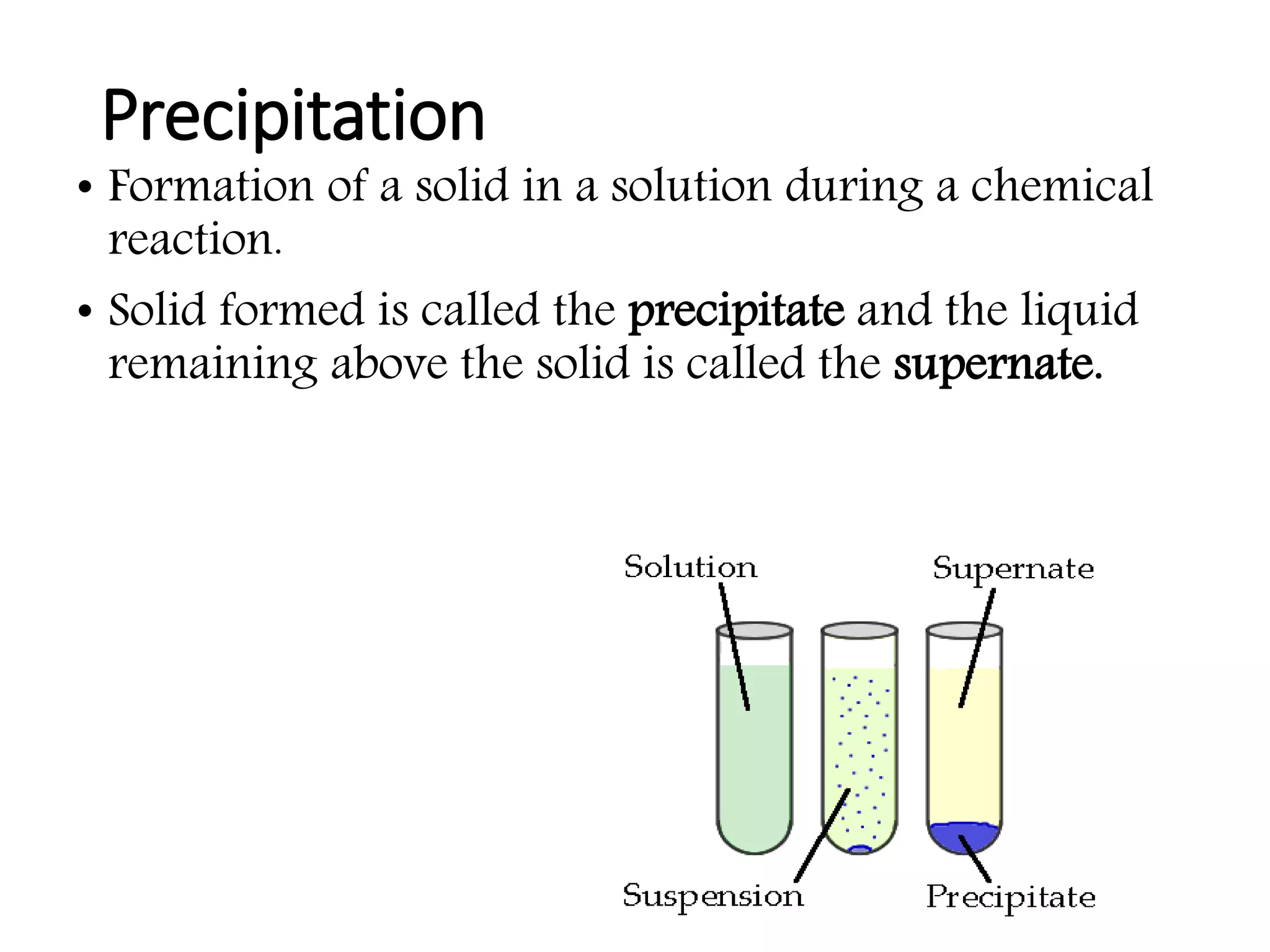 Precipitation
• Formation of a solid in a solution during a chemical
reaction.
• Solid formed is called the precipitate and the liquid
remaining above the solid is called the supernate.
 