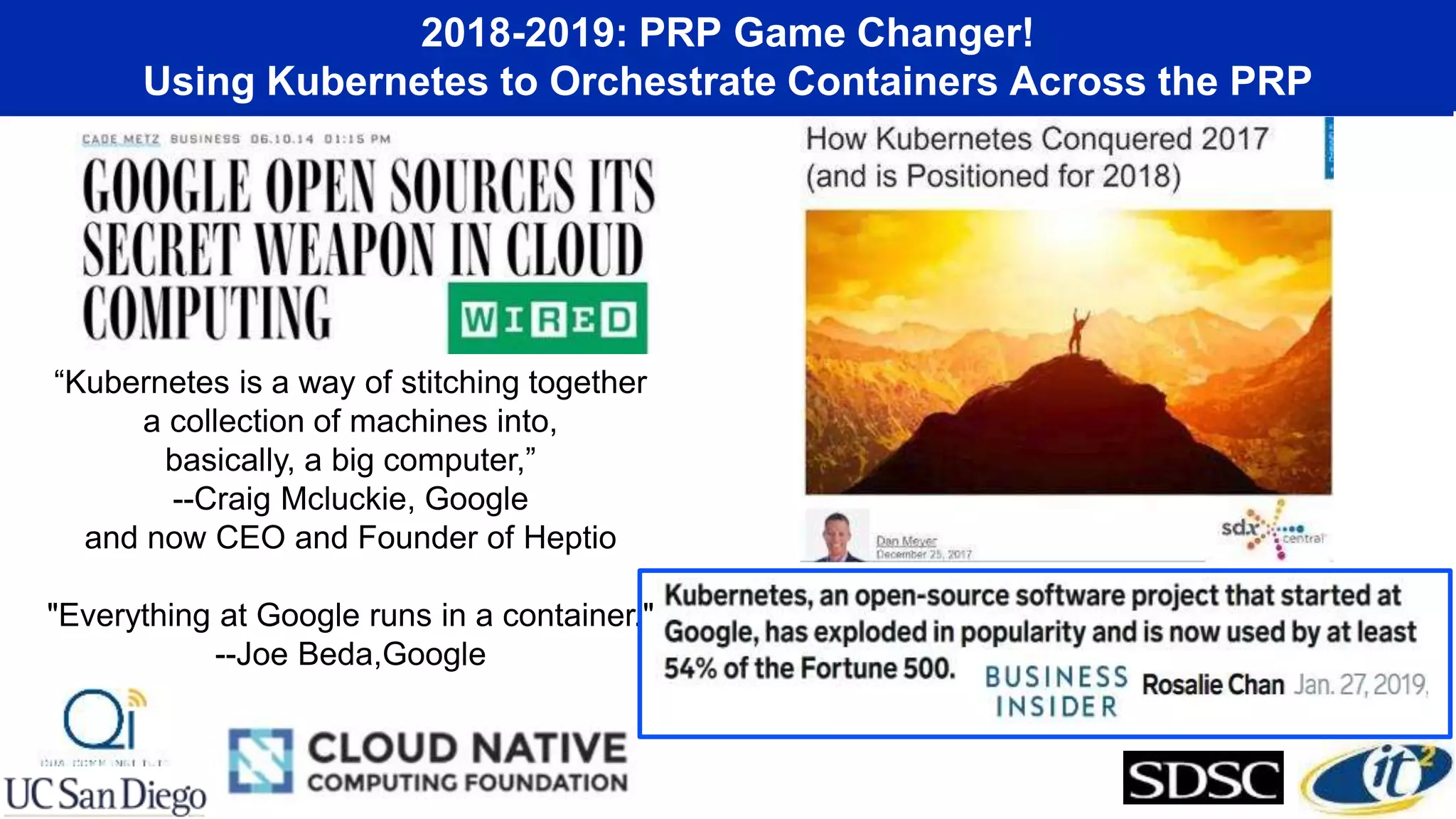 2018-2019: PRP Game Changer!
Using Kubernetes to Orchestrate Containers Across the PRP
“Kubernetes is a way of stitching together
a collection of machines into,
basically, a big computer,”
--Craig Mcluckie, Google
and now CEO and Founder of Heptio
"Everything at Google runs in a container."
--Joe Beda,Google
 