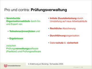 Pro und contra: Prüfungsverwaltung

• Vereinfachte                            • Initiale Zusatzbelastung durch
  Organisationsabläufe durch Im-            Umstellung auf neue Arbeitsabläufe
  und Export von
                                          • Rechtliche Absicherung
  • Teilnehmer(innen)listen und
                                          • Durchführungsorganisation
  • Ergebnissen
                                          • Datenschutz & -sicherheit
 zwischen
 Prüfungsverwaltungssoftware
 (FlexNow!) und Prüfungssoftware




                    in Anlehnung an Bücking / Schwedes 2005
                                                                 © Karsten D. Wolf
 