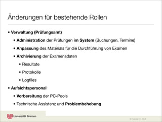 Änderungen für bestehende Rollen

• Verwaltung (Prüfungsamt)
  • Administration der Prüfungen im System (Buchungen, Termine)
  • Anpassung des Materials für die Durchführung von Examen
  • Archivierung der Examensdaten
     • Resultate
     • Protokolle
     • Logﬁles
• Aufsichtspersonal
  • Vorbereitung der PC-Pools
  • Technische Assistenz und Problembehebung


                                                              © Karsten D. Wolf
 