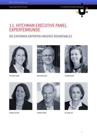 CHANCENGERECHTIGKEIT STATT QUOTE
5
11. HITCHMAN EXECUTIVE PANEL EXPERTENRUNDE
DR. DORIS AGOTAI
SANDRA HAUSER
WOLFGANG EGER
THOMAS KÜHNE
JOLANDA GROB
DR. ANKE SAX
11. HITCHMAN EXECUTIVE PANEL
EXPERTENRUNDE
DIE EXTERNEN EXPERTEN UNSERES ROUNDTABLES
 