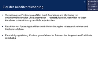 Ziel der Kreditversicherung
- 2 -
 Vermeidung von Forderungsausfällen durch Beurteilung und Monitoring von
Unternehmensbo...