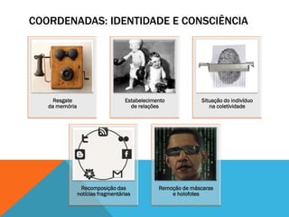 COORDENADAS: IDENTIDADE E CONSCIÊNCIA




     Resgate                       Estabelecimento           Situação do indivíduo
   da memória                        de relações                na coletividade




                 Recomposição das              Remoção de máscaras
                notícias fragmentárias             e holofotes
 