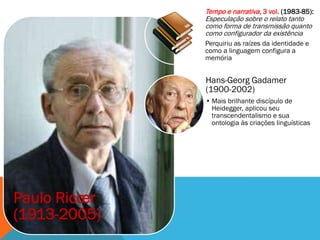 Tempo e narrativa, 3 vol. (1983-85):
              Especulação sobre o relato tanto
              como forma de transmissão quanto
              como configurador da existência
              Perquiriu as raízes da identidade e
              como a linguagem configura a
              memória


              Hans-Georg Gadamer
              (1900-2002)
              • Mais brilhante discípulo de
                Heidegger, aplicou seu
                transcendentalismo e sua
                ontologia às criações linguísticas




Paulo Ricœr
(1913-2005)
 