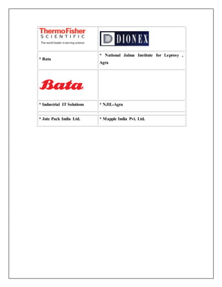 * Bata
* National Jalma Institute for Leprosy ,
Agra
* Industrial IT Solutions * NJIL-Agra
* Jute Pack India Ltd. * Mapple India Pvt. Ltd.
 