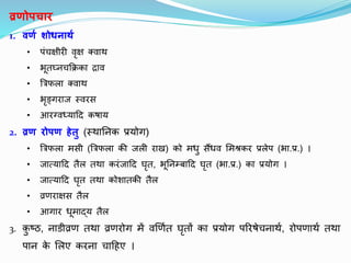 व्रणोपिार
1. वणण शोधनाथण
• िंचक्षीरी वृक्ष क्वथर्
• भूतघ्नचक्रिकथ द्रथव
• त्रिफलथ क्वथर्
• भृङ्गरथज स्वरस
• आरग्वध्यथदद कषथय
2. व्रण रोपण हेतु (स्र्थननक प्रयोग)
• त्रिफलथ मसी (त्रिफलथ की जली रथख) को मधु सैंधव शमश्रकर प्रलेि (भथ.प्र.) ।
• जथत्यथदद तैल तर्थ करंजथदद घृत, भूननम्बथदद घृत (भथ.प्र.) कथ प्रयोग ।
• जथत्यथदद घृत तर्थ कोशथतकी तैल
• व्रणरथक्षस तैल
• आगथर धूमथद्य तैल
3. क
ु ष्ठ, नथडीव्रण तर्थ व्रणरोग में वर्णात घृतों कथ प्रयोग िररषेचनथर्ा, रोिणथर्ा तर्थ
िथन क
े शलए करनथ चथदहए ।
 