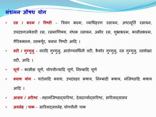 संशमन औषध योग
• रस / भरम / वपष्टी – त्रिवंग भस्म, व्यथधधहरण रसथयन, अष्टमूनता रसथयन,
उिदंशगजक
े शरी रस, रसमथर्णक्य, गंधक रसथयन, अमीर रस, शुभ्रथभस्म, कथसीसभस्म,
गैररकभस्म, रसकिूार, प्रवथल पिष्टी आदद ।
• वटी / गुग्गुलु - वरथदद गुग्गुलु, आरोग्यवधधानी वटी, क
ै शोर गुग्गुलु, रस गुग्गुलु, रसशेखर
वटी, आदद ।
• िूणण - कथसीस चूणा, चोिचीन्यथदद चूणा, ननम्बथदद चूणा
• क्वाथ योग - िटोलथदद क्वथर्, उिदंशहर कषथय, ननम्बथदी कषथय, मंजजष्ठथदद कषथय
आदद ।
• आसव / अररष्ट - महथमंजजष्ठथद्यथररष्ट, देवदथव्यथाद्यथररष्ट, सथररवथद्यथसव
• अवलेह / पाक – सथररवथद्यवलेह, चोिचीनी िथक
 