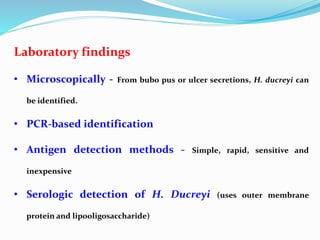 Laboratory findings
• Microscopically - From bubo pus or ulcer secretions, H. ducreyi can
be identified.
• PCR-based identification
• Antigen detection methods - Simple, rapid, sensitive and
inexpensive
• Serologic detection of H. Ducreyi (uses outer membrane
protein and lipooligosaccharide)
 
