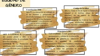 EQUIDAD DE
GÉNERO
Constitución 2008
Art.27: La educación se centrará en
el ser humano y garantizará su
desarrollo holístico, en el marco del
respeto a los derechos humanos
Art. 47 numeral 7: Una educación que
desarrolle sus potencialidades y
habilidades para su integración y
participación en igualdad de condiciones.
LOEI
ART. 3: LITERAL E: La garantía
del acceso plural y libre a la
información sobre la sexualidad, los
derechos sexuales.
LITERAL I: La Promoción de
igualdades entre hombres, mujeres y
personas diversas para el cambio de
concepciones culturales
discriminatorias
Principios LOEI
a. Universalidad.- Estado garantizar el acceso,
permanencia y calidad de la educación
l. Igualdad de género.-La educación debe
garantizar la igualdad de condiciones,
oportunidades y trato entre hombres y mujeres.
v. Equidad e inclusión.- La equidad e inclusión
aseguran a todas las personas el acceso,
permanencia y culminación en el Sistema
Educativo.
Código de la niñez
Art. 1.- Tiene el fin de lograr su desarrollo
integral y el disfrute pleno de sus
derechos, en un marco de libertad,
dignidad y equidad.
Art. 64 numeral 4.- Cultivar los valores
de respeto, solidaridad, tolerancia, paz,
justicia, equidad y democracia.
 