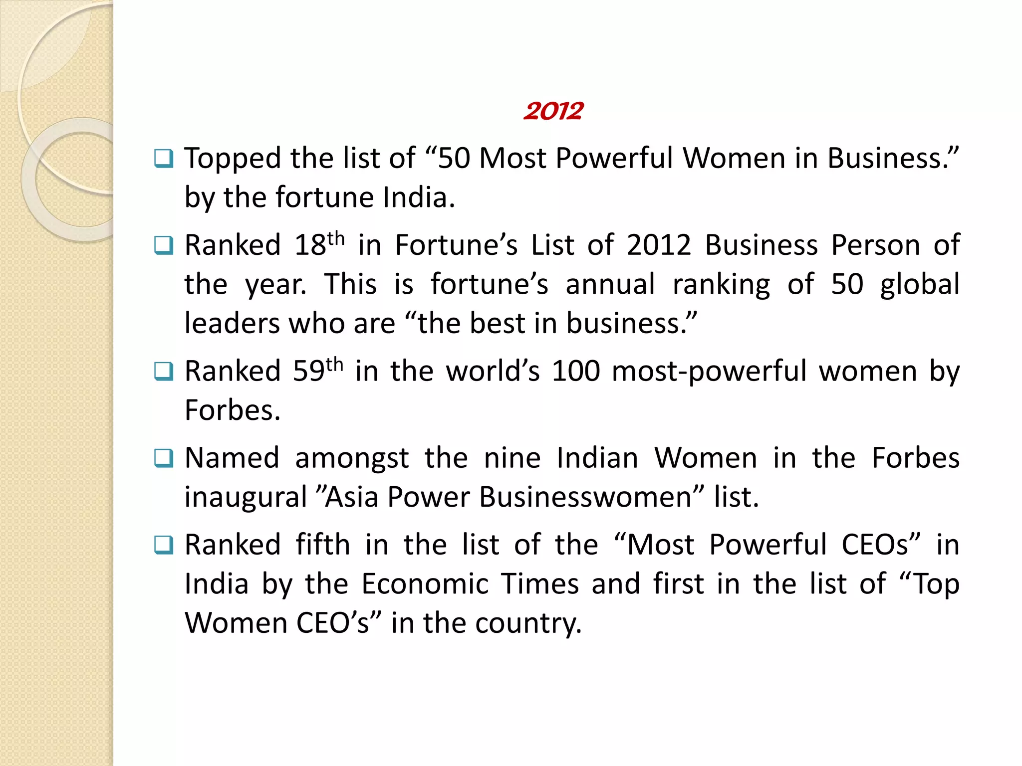 2012
 Topped the list of “50 Most Powerful Women in Business.”
by the fortune India.
 Ranked 18th in Fortune’s List of 2012 Business Person of
the year. This is fortune’s annual ranking of 50 global
leaders who are “the best in business.”
 Ranked 59th in the world’s 100 most-powerful women by
Forbes.
 Named amongst the nine Indian Women in the Forbes
inaugural ”Asia Power Businesswomen” list.
 Ranked fifth in the list of the “Most Powerful CEOs” in
India by the Economic Times and first in the list of “Top
Women CEO’s” in the country.
 