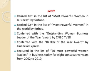 2010
 Ranked 10th in the list of “Most Powerful Women in
Business” by fortune.
 Ranked 92nd in the list of “Most Powerful Women” in
the world by forbes.
 Conferred with the “Outstanding Woman Business
Leader of the Year "award by CNBC TV18
 Conferred with the “Banker of the Year Award” by
Financial Express.
 Featured in the list of “30 most powerful women
leaders” in business today for eight consecutive years
from 2002 to 2010.
 
