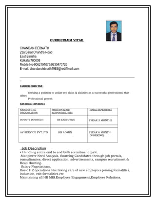 CURRICULUM VITAE
CHANDAN DEBNATH
23a,Sarat Chandra Road
East Barisha
Kolkata:700008
Mobile No-9062191073/9830470726
E-mail: chandandebnath1985@rediffmail.com
___________________________________________________________________________
_
CARRIER OBJECTIVE:
Seeking a position to utilize my skills & abilities as a successful professional that
offers
Professional growth
INDUSTRIAL EXPERIENCE
NAME OF THE
ORGANISATION
POSITION & JOB
RESPONSIBILITIES
TOTAL EXPERIENCE
INFINITE INFOTECH HR EXECUTIVE 1YEAR 3 MONTHS
AV SERVICE PVT.LTD HR ADMIN 1YEAR 6 MONTH
(WORKING)
. Job Description
• Handling entire end to end bulk recruitment cycle.
.Manpower Need Analysis, Sourcing Candidates through job portals,
consultancies, direct application, advertisements, campus recruitment.&
Head Hunting.
Salary Negotiations.
Basic HR operations like taking care of new employees joining formalities,
induction, exit formalities etc
Maintaining all HR MIS.Employee Engagement,Employee Relations.
 