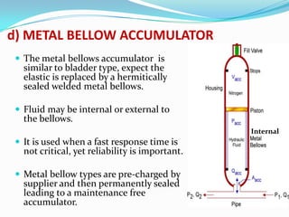 d) METAL BELLOW ACCUMULATOR
  The metal bellows accumulator is
   similar to bladder type, expect the
   elastic is replaced by a hermitically
   sealed welded metal bellows.

  Fluid may be internal or external to
   the bellows.
                                                 Internal
  It is used when a fast response time is
   not critical, yet reliability is important.

  Metal bellow types are pre-charged by
   supplier and then permanently sealed
   leading to a maintenance free
   accumulator.
 