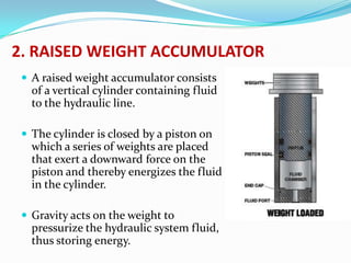 2. RAISED WEIGHT ACCUMULATOR
  A raised weight accumulator consists
   of a vertical cylinder containing fluid
   to the hydraulic line.

  The cylinder is closed by a piston on
   which a series of weights are placed
   that exert a downward force on the
   piston and thereby energizes the fluid
   in the cylinder.

  Gravity acts on the weight to
   pressurize the hydraulic system fluid,
   thus storing energy.
 