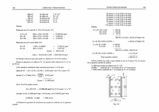 182 CÓMPUTOS Y PRESUPUESTOS
846 m2 detablas de 1 V
2
" x 4"
500 m2 detablas de 3
A" x 3"
150 m2 detablones de 2 x 10
1.525 m2 detirantes de 3x3
600 m2 detirantes de 4x6
Cálculo:
Reducción de m2a pies2de 1" (Ver 9.3.3 punto“b”)
(1 Vi x 4) 846 x 1.50 x10.764 = 13.659,52 pies2
(% x 3) 500 x 0,75 x10.764 = 4.036,50 "
(2 x 10) 150 x 2.00 x10.764 = 3.229,20 ”
Reducción de m/1 a pies2(tabla 9.5)
(3x3) 1.525x 2.46069 = 3.752,41 pies2
(4x6) 600x6,5617 = 3.937,02 "
Suman = 28.614,65
Valor = 28.614.65 x 2,20 = $62.952,23 pies2
b) Calcular el área de piso que puede ser cubierta con 16 m3de madera.
El piso se ejecutará con tablas de de espesor sobre tirantes de 3" x 3" ca­
da 70 cm.
1) Se calcula la cantidad de tabla necesaria para hacer 1 m2de piso
tablas de 3
A" 1 m2x 0,75 x 10,764 = 8,073 pies2 (ver 9.3.3. punto "b”)
tirantes 3" x 3”(tabla 9.5) = ^ = 3,515 pies2
0.70 •
Suman = 11,588 pies2
2) en 16 m3de madera entran
16 x 423.776 = 6.780,42 pies2(ver 9.3.3.punto “a" y "b”)
3) luego: si con 11,588 pies2hago 1m2de piso, con 6.788,42 pies2haré:
6.780,42 : 11,588 = 585,12 m2
c) Calcular la superficie de encofrado que puede ser cubierta con la siguiente
partida:
ESTRUCTURAS DE MADERA 183
Cálculo:
30 piezas 1x 4 de 4,50 m de largo
26 piezas 1x 4 de 5,20 m de largo
13 piezas 1 x 4 de 5,75 m de largo
92 piezas 1x 5 de 5.00 m de largo
47 piezas 1 x 6 de 5,00 m de largo
9 piezas 1x 6 de 5,75 m de largo
110 piezas 1x 8 de 5,00 m de largo
1,50 _ 135,00
,20 = 135,20
,75 = 74,75
344,95 x 0,1016= 35,05 m2(Tabla 9.6)
(1x5) 92 x 5,00 x 0.1270 = = 58,42 m2(Tabla 9.6)
(1 x 6) 47 x 5,00
9 x 5,75
= 235,00
= 51,75
286,75x0,1524= 043,70 m2
(1 x8)110x5,00x0,2032 = =111,76 m2
Total superficie cubierta = 248,93 m2
d) Para entibiar una zanja, cuyas medidasse ven en lafigura 9.2, se compro­
bó la siguiente partida de madera:
11.000 pies linealesde tablones de 2" x 12"
13.000 ” cuadrados de 1" en tirantes de 3" x4" (travesaños)
1.1500 metros cuadrados de 1" en tirantes de 3”x 6" (codales)
Fig. 9.2.
 