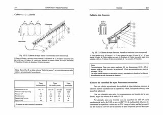 214 CÓMPUTOS Y PRESUPUESTOS
Cubierta i«ja :, planas
Fig. 10.12. Cubierta de tejas planas o normandas (corte transversal).
1) Tejas; 2) Fieltro o techado sobre entablado; 3) Entablado de 1"; 4) Cabios (escuadría varia­
ble) c/60 cm; 5) Solera; 6) Listón para levantar la primera hilada (de mayor escuadría);
7) Canaleta; 8) Listón de clavadura: 9) Listón de yesero.
N
ota-. Entre 8) y2), se debe colocar "listón de yesero”, en coincidencia con cada
cabio y acompañando la pendiente.
Tejas
rectangulares
Tejas
de medio punto
Tejas
punteadas
Dimensiones en cm
Peso por cada teja en kg
Teja por m2
Recubrimiento
Espesor total* en cm
Peso por m2
14 x 15
1
70
2/3
8
94
15 x 27
1
65
2/3
8
89
14 x 25
0.70
70
2/3
8
73
14x25
0.80
70
2/3
8
80
1 El espesor se mide normal a la pendiente.
TECHOS 215
Cubierta teja francesa
Fig. 10.13. Cubierta de tejas francesa, Marsella o mecánica (corte transversal)
1) Tejas (detalle en £); 2) Listones 1" x 2" para sostener las tejas; 3) Listón V
á” x 1 Vi" para
sujetar el fieltro; 4) Fieltro asfáltico en seco; 5) Entablado; 6) Cabios (escuadría según luces
variable) c/60 cm; 7) Solera; 8) Alero de entablado de 1" y su sostén; 9) Canaleta.
Nota
Características: Peso por metro cuadrado: 60 k
g
-
, dimensiones 42,5 x 25,5;
espesor total (se mide normal a la pendiente): 13 cm aproximadamente; peso de
una teja: 2,6 kg.
Las tejas quedan sujetas por encastre mutuo y por atadura o clavadoa los listones
(actualmente es más frecuente el clavado).
Cálculo de cantidad de tejas francesas necesarias
Para un cálculo aproximado de cantidad de tejas debemos conocer el
valor en metros cuadrados de la superficie a cubrir, incluyendo aleros y toda
superficie adicional.
Una vez obtenido este valor, lo incrementamos en función de la pen­
diente, según los valores de la tabla 10.12.
Por ejemplo, para una vivienda con una superficie de 100 m2 y una
pendiente de techo de 0,45 m por m (24° 15’ de inclinación) debemos in­
crementar la superficie a cubrir en un 9%. Luego el valor real de la superfi­
cie del techo es: 109 m2por el número de teias requerido por m2de super­
 