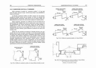 256 CÓMPUTOS Y PRESUPUESTOS
14.2. CARPINTERÍA METÁLICA Y HERRERÍA
Suele restringirse el sentido de "carpintería metálica", a la que está
hecha de acero, aunque en rigor, sabemos que incluye a los materiales fe­
rrosos y no ferrosos.
La llamada carpintería metálica de doble contacto de otras épocas,
consistía en perfiles macizos que se tocaban, en forma no puntual, sino
superficial (lineal); actualmente, están fuera de uso en nuestro medio, fun­
damentalmente por razones de costo (mucho consumo de materia prima).
Dicha carpintería, ejecutada con perfiles de 3,2 mm de espesor (en el
caso del tipo 33), resultaba muy cara en nuestro país y poco a poco se la
fue reemplazando por formas equivalentes, hechas con chapa plegada o
doblada de 2,1, 1,65 y 1,27 mm de espesor (chapas n2
5 14, 16 y 18 res­
pectivamente), tal como se ve en la figura 14.1-a, 14.1-by 14.2. Con sólo
comparar los pesos unitarios, puede adivinarse la diferencia en costo entre
un tipo y otro.
Dentro de este apartado encontramos la llamada herrería, que com­
prende toda una serie de piezas construidas con los denominados perfiles
de herrero (tes, ángulos de alas iguales o desiguales), planchuelas, redondos
y cuadrado. Estos perfiles se diferencian de los de doble contacto en que
sus aristas son vivas (los de aquéllos, eran redondeadas), y que no han sido
pensados específicamente para carpintería, aunque puertas y ventanas
también pueden construirse con ellos; naturalmente, con otro nivel de cali­
dad. En la figura 14.3 se ven algunos perfiles de origen nacional, elabora­
dos para la fabricación de puertas y ventanas en herrería metálica, donde
apreciamos la carencia de hermeticidad del cierre.
MARCO PARA PUERTA
CON CELOSÍA
Espesor
puerta
MARCO PARA VENTANA
CON CORTINA VENECIANA
Fig. 14.1-a. Perfiles de carpintería metálica, en chapa doblada (medidos en mm).
CARPINTERÍA METÁLICA Y DE MADERA 257
UMBRAL PARA PUERTA
CON CELOSIA
Espesor
UMBRAL PARA VENTANA
CON CORTINA VENECIANA
Espesor
T
8
o
col
UMBRAL PARA PUERTA
CON CORTINA VENECIANA
UMBRAL PARA VENTANA
CON CORTINA VENECIANA
Espesor
t
Fig. 14.1-b. Perfiles de carpintería metálica, en chapa doblada.
Fig. 14.2. Corte horizontal de una ventana corrediza en chapa doblada
(no se incluyen los herrajes de cierre).
75 mm
Espesor
puerta
— - *
-
]
)) Burletes; 2) Contravldrlo; 3) Vidrio.
 