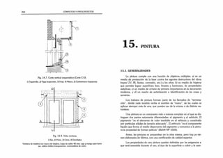264 CÓMPUTOS Y PRESUPUESTOS
Fig. 14.7. Corte vertical esquemático (Corte C-D).
1) Taparrollo; 2) Tapa inspección; 3) Hoja; 4) Marco; 5) Contramarco (tapajunta).
Fig. 14.8. Vista ventana.
1) Eie; 2) Polea; 3) Cinta: 4) Enrollador.
Ventana de madera con marco de madera, hojas de cedro 46 mm, caja y espiga para barni­
zar, vidrios dobles transparentes, contravidrios de cedro.
• PINTURA
15.1. GENERALIDADES
La pintura cumple con una función de objetivos múltiples: a) es un
medio de protección de la base contra los agentes destructivos del clima
(rayos UV, IR, lluvias, corrosión, etc.) y los años: b) un medio de higiene
que permite lograr superficies lisas, limpias y luminosas, de propiedades
asépticas; c) un medio de ornato de primera importancia en la decoración
moderna, y d) un medio de señalización e identificación de las cosas y
servicios.
Los trabajos de pintura forman parte de los llamados de “termina­
ción’ , donde cada tendido recibe el nombre de “mano", de las cuales se
aplican siempre más de una, que pueden ser de la misma o de distinta na­
turaleza.
Una pintura es un compuesto más o menos complejo en el que se dis­
tinguen dos partes netamente diferenciadas: el pigmento y el vehículo. El
pigmento “es el elemento de color insoluble en el vehículo y constituido
por partículas sólidas de tamaño adecuado”. El vehículo “es el componente
líquido que forma el medio dispersante del pigmento y comunica a la pintu­
ra la propiedad de formar película” (IRAM NP 1020).
Antes, las pinturas se preparaban en la obra misma, pero hoy ya vie­
nen elaboradas de fábrica, con una certificación de calidad superior.
Las propiedades de una pintura quedan definidas por las exigencias a
que será sometida durante el uso, el tipo de la superficie a cubrir y la cate-
 