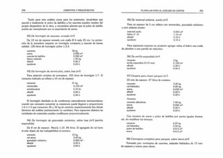 398 CÓMPUTOS Y PRESUPUESTOS
Tanto para este análisis como para los anteriores, recuérdese que
parcial o totalmente el polvo de ladrillos y los cascotes pueden resultar del
propio desperdicio de la obra, y recuérdese además que el polvo de ladrillo
podría ser reemplazado por su equivalente de arena.
92) De hormigón de cascotes, armado (m2
)
De 12 cm de espesor armado con malla 0 6 cada 25 cm. La protec­
ción de la armadura requiere un hormigón compacto y cascote de buena
calidad. 126 litros de hormigón pobre 1:3:3.
cemento 38 kg
arena 0,080 m3
cascote de ladrillos 0,080 m3
hierro redondo 1,90 kg
albañil 0,60 h
ayudante 0,65 h
93) De hormigón de vermiculita, sobre losa (m2
)
Para aislación acústica de entrepisos. 105 litros de hormigón 1:7. El
consumo indicado se refiere a 10 cm de espesor.
cemento 21 kg
vermiculita 0,105 m3
emulsionante 0,10 lts
albañil 0,40 h
ayudante 0,50 h
El hormigón detallado es de condiciones esencialmente termoacústicas;
cuando sea necesario aumentar su resistencia puede llegarse a proporciones
1:6 ó 1:5 que consumen 26 y 32 kg de cemento respectivamente (los demás
términos del análisis prácticamente no cambian). Para espesores distintos las
cantidades de materiales pueden modificarse proporcionalmente.
94) De hormigón de granulado volcánico, sobre losa (m2
) (perlita
expandida)
De 8 cm de espesor. Mezcla 1:10. 84 litros. El agregado de cal tiene
el solo objeto de dar trabajabilidad al mortero.
cemento 12 kg
cal aérea 2,40 kg
granulado volcánico 0,084 m3 •
albañil 0,25 h
ayudante 0,40 h
PLANILLAS PARA EL ANÁLISIS DE COSTOS 399
95) De material aislante, suelto (m2
)
Para un espesor de 5 cm relleno con vermiculita, granulado volcánico
u otro aislante similar:
material suelto 0.053 m3
fieltro n° 15 1.10 m2
albañil 0.10 h
ayudante 0.15 h
Para espesores mayores es prudente agregar sobre el fieltro una malla
de alambre o una parrilla de redondos.
96) De arcilla expandida (m2
)
cemento 2 kg
arcilla expandida (3/10 mm) 0,100 m3
albañil 0,30 h
ayudante 0,40 h
97) Carpeta para clavar parquet (m¿
)
25 mm de espesor. 27 litros de mortero.
cemento 3,30 kg
cal hidráulica 4,05 kg
arena 0,030 m3
albañil 0,40 h
ayudante 0,20 h
Variante:
cemento albañilería 7,40 kg
arena 0,026 m3
albañil 0.40 h
ayudante 0,20 h
Con mortero de arena y polvo de ladrillos por partes iguales tómese
así, sin modificar los tiempos:
cemento 4,05 kg
cal hidráulica 3,30 kg
polvo de ladrillos 0,013 m3
arena 0,013 rn3
98) Contrapiso completo para parquet, sobre tierra (m2
)
Formado por: contrapiso de cascotes, aislación hidráulica de 15 mm
de espesor y manto para clavar.
 