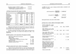 444 CÓMPUTOS Y PRESUPUESTOS
2 camiones volcadores. 140 HP c/u. ambos $ 215.000
1 planta de zarandeo, con ducha y tornillo de lavado
(30 HP totales), capacidad 30 a 35 m'/h $ 125.000
g) Costo de operación del equipo de áridos
Retroexcavadoras Camiones Planta
Duración h 9 600 6.400 8.000
Depreciación % 16,7 25 20
Amortización $ 31,25 33,59 15,62
Intereses $ 13,59 6,05 5,86
Seguro, patente $ 3.75 20,05 1.17
Mantenimiento $ 31.25 33,59 12,26
Combustibles $ 5.22 12.18 1,30
Lubricantes $ 2.61 6,09 0,65
Maquinista $ 16.00 16.00 16,00
Ayudante $ - - 4,50
Totales $ 103,67 127,55 57,36
Todos los conceptos del costo de operación se dan en la tabla ante­
rior, calculados para 1.600 horas anuales y con las fórmulas y criterios vis­
tos en el texto. Costo del diesel (gas-oil): 1,344 $/].
El costo de operación del equipo de áridos, desde la extracción hasta
su acarreo a pie de obra, es la suma de los totales de la tabla, o sea
288,58 $/h.
h) O tros gastos, no de operación; del equipo de áridos
Hete de ida, incluido seguro de transporte $10.000
Hete de vuelta $ 10.000
Montajes, pruebas y desarme
planta de lavado v clasificación (3 hombres x 5 días) $ 960
Bases de hormigón $ 1.200
Captación de agua, tanque australiano, etc. $ 2.100
Revisación camiones y retros $ 800
Total $ 25.060
i) Costo u n ita rio del m etro cúbico de agregados
Tanto el costo de operación dado en g, como el de otros gastos dado
en h, deben ser expresados como costo por metro cúbico. Recuérdese pa­
ra ello que la producción horaria aprovechable es de 13.56 mVh. según /
ANÁLISIS DEL COSTO DEL EQUIPO 445
-el 60% de la real- y que el volumen total de áridos a consumir es de
13.000 m entonces:
costo de operación (c) = 288,58 $/h_ _ 21,28 $/m3
13,56 mVh
otros gastos (h) = $ 25.060 = 1,93 $/m3
13.000m3
Total 23,21 $/m3
tanto para la arena, como para el canto rodado.
j) Costo de un m etro cúbico de horm igón colado
Cemento incluido flete y seguro
de la mercadería en tránsito.
desperdicio 2% kg 357 0,35 $/kg $ 124,95
Arena, 40% de 1,3 m1
; precio
según í; los desperdicios han sido
considerados en e. m! 0,52 23,21 $/m3 $ 12,07
Canto rodado, 60% de 1,30 m’;
precio según i; los desperdicios
han sido considerados en e. nV 0,78 23,21 $/m‘ $ 18,10
Costo de operación del equipo de
hormigón, según c. $ - - $ 13,88
Costo no de operación del equi­
po de hormigón, según d. $ - - $ 1,92
Mano de obra (la que no está
afectada al manejo del equipo y
comprende oficiales y ayudantes,
para extender el hormigón desde
la boca de salida, llenar los enco­
frados, alisar superficies y reubi-
car cañerías); oficial equivalente
(a destajo) h 3 8,00 $ $ 24.00
Costo por metro cúbico. $ 194,92
 