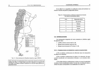 78 a v .í/ vn o s Y PRESUPUESTOS
Nota: Si el lugar de emplazamiento de la construcción coincide con la línea que
delimita dos zonas, o si surgen dudas acerca de su ubicación con respecto a di­
cho límite, se la deberá considerar emplazada en la zona de mayor grado de pe­
ligrosidad sísmica.
ALBAÑILERÍA ANTISÍSMICA 79
En la tabla 4.1 se especifica la zonificación sísmica del territorio na--
cional en función del grado de peligrosidad sísmica.
T a b u  4 .1. Zonificación de la Repúbuca A rgentina en función
del grado de peügrosidad sísmica
Zona Peligrosidad sísmica
0 Muy reducida
1 Reducida
2 Moderada
3 Elevada
4 Muy elevada
4.2. GENERALIDADES
Los mampuestos integrantes de muros resistentes se clasifican según
los siguientes tipos:
• Ladrillos cerámicos macizos (clase A y B).
• Bloques huecos portantes macizos (Ay B).
• Bloques huecos portantes de H° (s/tipos I, II, III).
4.2.1. C o m b in a c io n e s d e d if e r e n t e s c l a s e s d e m a m p o s t e r ía
a) No se admiten combinaciones de diferentes tipos de mampuestos
en planta ni en elevación.
b) No se admiten combinaciones en planta ni en elevación, de mam­
postería encadenada con mampostería reforzada o con armadura distri­
buida).
c) Se podrán efectuar combinaciones en altura, de muros encadenados
armados y muros encadenados simples. En este caso, los límites de altura y
número de pisos corresponderá a los establecidos en la tabla 4.2.
 