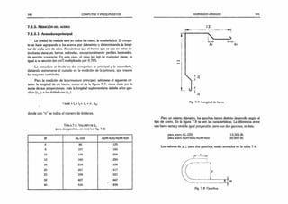 140 CÓMPUTOS Y PRESUPUESTOS
7.2.5. M e d ic ió n d e l a c e r o
7.2.5.1. Armadura principal
La unidad de medida será en todos los casos, la tonelada (tn). E cómpu­
to se hace agrupando a los aceros por diámetros v determinando la longi­
tud de cada uno de ellos. Recuérdese que el hierro que se usa en estas es­
tructuras viene en barras redondas, excepcionalmente perfiles laminados,
de sección constante. En este caso, el peso (en kg) de cualquier pieza, es
igual a su sección (en cm2
) multiplicada por 0,785.
La armadura se divide en dos categorías: la principal y la secundaria,
debiendo extremarse el cuidado en la medición de la primera, que insume
las mayores cantidades.
Para la medición de la armadura principal, adóptese el siguiente cri­
terio: la longitud de un hierro, como el de la figura 7.7, viene dada por la
suma de sus proyecciones, más la longitud suplementaria debida a los gan­
chos (Ah y a las dobladuras (A2).
I total = I, +l¿+ A, +n . A2,
donde con “n” se indica el número de dobleces.
Tabla 7.6. Valores de A,
(para dos ganchos, en mm) (ver fig. 7.8)
0 AL-220 ADN-420/ADM-420
6 80 125
8 107 166
10 134 208
12 160 250
16 214 334
20 267 417
25 334 521
32 427 667
40 534 834
HORMIGÓN ARMADO 141
12
Fig. 7.7. Longitud de barra.
Para un mismo diámetro, los ganchos tienen distinto desarrollo según el
tipo de acero. En la figura 7.8 se ven las características. La diferencia entre
una barra recta y otra de igual proyección, pero con dos ganchos, es ésta:
para acero AL-220
para acero ADN-420/ADM-420
13,354 0;
20,850 0;
Los valores de A lt para dos ganchos, están anotados en la tabla 7.6.
0
 