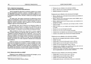 164 CÓMPUTOS Y PRESUPUESTOS
8.4.1. A s p e c t o s t e c n o l ó g ic o s
DE LOS ACEROS PARA ESTRUCTURAS METÁLICAS
Ante la necesidad de seleccionar los elementos metálicos que cumplan
con las características mecánicas, químicas y tecnológicas, según las nor­
mas IRAM-IAS examinadas el proyectista de estructuras metálicas se ve en
la necesidad de acudir a libros, manuales o folletos que contengan los datos
técnicos.
En nuestro país, salvo algunas excepciones de publicaciones técnicas
locales, los profesionales y técnicos de la construcción han acudido princi­
palmente a manuales extranjeros, siendo el “Stahl In Hochbau" el más uti­
lizado por nuestros proyectistas, dada la tradición en el uso de elementos
metálicos, según las normas alemanas DIN.
En numerosos casos, para la elección de los elementos metálicos de
acuerdo con el cálculo estructural, se tropieza con la dificultad de que las
características geométricas, físicas o tecnológicas indicadas en manuales de
origen extranjero, no responden a las que proveen los productores locales.
Debe considerarse entonces como muy positivo el esfuerzo realizado
por el Instituto Argentino de Siderurgia (IAS), que presentó en 1985 un
“Catálogo de Productos Siderúrgicos para la Edificación", que se ha consti­
tuido en un elemento de consulta de gran ayuda para los proyectistas de
estructuras metálicas y de hormigón armado y pretensado. ya que presenta
los diversos productos que se fabrican en el país, con sus principales datos
técnicos y las normas a las cuales responde la indicación de los fabricantes
que los elaboran.
El IAS, de acuerdo con el convenio IRAM-IAS, ha realizado una impor­
tante tarea de normalización de productos y ensayos vinculados con la side­
rurgia, y ha desarrollado paralelamente una tarea de racionalización de los
elementos metálicos, definiendo de común acuerdo con productores y usua­
rios, aquellos que pertenecen a las denominadas “Series Racionalizadas", en
función entre otros parámetros, del de su mayor utilización en el mercado.
8.4.2. R e s o l u c ió n 404 d e la SICM1
Productos de acero utilizados en las estructuras de hormigón y en las
estructuras metálicas, que se comercializan en el país:
1SICM: Secretaría de Industria, Comercio y Minería.
ESTRUCTURAS DE HIERRO 165
• Productos de acero utilizados en las estructuras metálicas.
• Barras o rollos de acero al carbono destinados a la construcción.
• Alambrón destinado a la construcción
Productos de acero utilizados en las estructuras de hormigón:
• Barras y rollos de acero conformado de dureza natural, para armaduras en
estructuras de hormigón.
• Barras y rollos de acero conformado de dureza natural soldable, para ar­
maduras en estructuras de hormigón.
• Barras y rollos de acero lisas de sección circular, para armaduras en es­
tructuras de hormigón.
• Alambres de acero liso y conformado, para hormigón armado, en tramos
rectos y en rollos.
• Mallos de alambres de* acero soldado, paro hormigón armado, en paneles
y en rollos.
• Alambres de acero para hormigón pretensado.
• Alambres de acero para caños de hormigón pretensado.
• Cordón de dos o tres alambres para estructuras de hormigón pretensado.
• Cordón de siete alambres para estructuras de hormigón pretensado.
Productos de acero utilizados en las estructuras metálicas:
• Barras de acero rectangular (planchuelas), redondas y cuadradas.
« Perfiles T de acero.
o Perfiles doble T de acero de altura igual o menor a 100 mm.
• Perfiles ángulo de acero de altura igual o menor de 120 mm.
• Perfiles U de acero de altura igual o menor a 120 mm.
• Chapas de acero, revestidas o no, en todas sus formas, para uso en ce­
rramientos laterales y cubiertas de edificios y silos.
• Defensas para caminos, alcantarillas y otras estructuras de acero, corruga­
das o no. galvanizadas o no. para usos viales o hidráulicos.
Productos de acero utilizados en las estructuras metálicas:
• Perfiles doble T de acero de altura mayor a 100 mm.
• Perfiles ángulo de acero de altura mayor a 120 mm.
• Perfiles U de acero de altura mayor a 120 mm.
• Perfiles abiertos de acero, conformados en frío para uso estructural.
 
