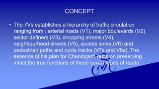 CONCEPT 
• The 7Vs establishes a hierarchy of traffic circulation 
ranging from : arterial roads (V1), major boulevards (V2) 
sector definers (V3), shopping streets (V4), 
neighbourhood streets (V5), access lanes (V6) and 
pedestrian paths and cycle tracks (V7s and V8s). The 
essence of his plan for Chandigarh rests on preserving 
intact the true functions of these seven types of roads. 
 