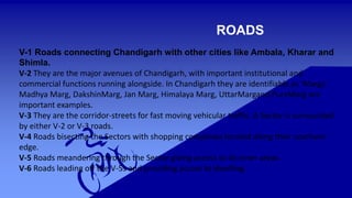 ROADS 
V-1 Roads connecting Chandigarh with other cities like Ambala, Kharar and 
Shimla. 
V-2 They are the major avenues of Chandigarh, with important institutional and 
commercial functions running alongside. In Chandigarh they are identifiable as 'Margs'. 
Madhya Marg, DakshinMarg, Jan Marg, Himalaya Marg, UttarMargand PurvMarg are 
important examples. 
V-3 They are the corridor-streets for fast moving vehicular traffic. A Sector is surrounded 
by either V-2 or V-3 roads. 
V-4 Roads bisecting the Sectors with shopping complexes located along their southern 
edge. 
V-5 Roads meandering through the Sector giving access to its inner areas. 
V-6 Roads leading off the V-5s and providing access to dwelling. 
 