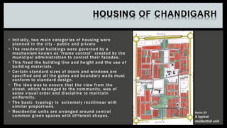 HOUSING OF CHANDIGARH
 Initially, two main categories of housing were
planned in the city - public and private
 The residential buildings were governed by a
mechanism known as 'frame control' created by the
municipal administration to control their facades.
 This fixed the building line and height and the use of
building materials.
 Certain standard sizes of doors and windows are
specified and all the gates and boundary walls must
conform to standard design.
 The idea was to ensure that the view from the
street, which belonged to the community, was of
same visual order and discipline to maintain
uniformity.
 The basic typology is extremely rectilinear with
similar proportions.
 Residential units are arranged around central
common green spaces with different shapes.
Sector 20
A typical
residential unit
 