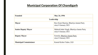 Founded May 24, 1994
Leadership
Mayor Ravi Kant Sharma, Bhartiya Janata Party
since 8 January 2021
Senior Deputy Mayor Mahesh Inder Singh, Bhartiya Janata Party
since 8 January 2021
Deputy Mayor Farmila, Bhartiya Janata Party
since 8 January 2021
Municipal Commissioner Kamal Kishor Yadav, IAS
Municipal Corporation Of Chandigarh
 