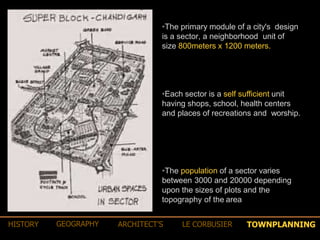 •The primary module of a city's design
is a sector, a neighborhood unit of
size 800meters x 1200 meters.
•Each sector is a self sufficient unit
having shops, school, health centers
and places of recreations and worship.
•The population of a sector varies
between 3000 and 20000 depending
upon the sizes of plots and the
topography of the area
TOWNPLANNINGHISTORY GEOGRAPHY ARCHITECT’S LE CORBUSIER
 