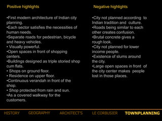 •First modern architecture of Indian city
planning.
•Each sector satisfies the necessities of
human needs.
•Separate roads for pedestrian, bicycle
and heavy vehicles.
• Visually powerful.
•Open spaces in front of shopping
centers.
•Buildings designed as triple storied shop
cum flats.
• Shops on ground floor.
• Residence on upper floor.
•Continuous verandah in front of the
shop.
• Shop protected from rain and sun.
•As a covered walkway for the
customers.
Positive highlights Negative highlights
•City not planned according to
Indian tradition and culture.
•Roads being similar to each
other creates confusion.
•Brutal concrete gives a
rough look.
•City not planned for lower
income people.
•Existence of slums around
the city.
•Large open spaces in front of
the city center makes people
lost in those places.
TOWNPLANNINGHISTORY GEOGRAPHY ARCHITECT’S LE CORBUSIER
 