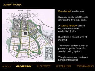 •Fan shaped master plan.
•Spreads gently to fill the site
between the two river beds.
•A curving network of main
roads surrounds the
residential blocks
•It contains a central area of
parkland
•The overall pattern avoids a
geometric grid in favor of a
loosely curving system.
•The plan does not read as a
monumental capital
ALBERT MAYER
GEOGRAPHY ARCHITECT’S LE CORBUSIER TOWNPLANNINGHISTORY
 
