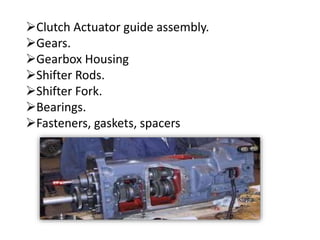 Clutch Actuator guide assembly. 
Gears. 
Gearbox Housing 
Shifter Rods. 
Shifter Fork. 
Bearings. 
Fasteners, gaskets, spacers 
 