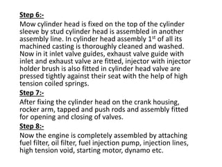 Step 6:- 
Mow cylinder head is fixed on the top of the cylinder 
sleeve by stud cylinder head is assembled in another 
assembly line. In cylinder head assembly 1st of all its 
machined casting is thoroughly cleaned and washed. 
Now in it inlet valve guides, exhaust valve guide with 
inlet and exhaust valve are fitted, injector with injector 
holder brush is also fitted in cylinder head valve are 
pressed tightly against their seat with the help of high 
tension coiled springs. 
Step 7:- 
After fixing the cylinder head on the crank housing, 
rocker arm, tapped and push rods and assembly fitted 
for opening and closing of valves. 
Step 8:- 
Now the engine is completely assembled by attaching 
fuel filter, oil filter, fuel injection pump, injection lines, 
high tension void, starting motor, dynamo etc. 
 