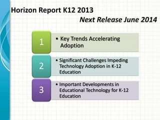 Horizon Report K12 2013
Next Release June 2014

1

• Key Trends Accelerating
Adoption

2

• Significant Challenges Impeding
Technology Adoption in K-12
Education

3

• Important Developments in
Educational Technology for K-12
Education

 