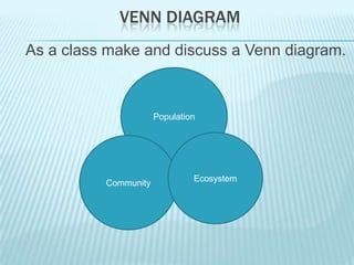 VENN DIAGRAM
As a class make and discuss a Venn diagram.



                      Population




                               Ecosystem
          Community
 