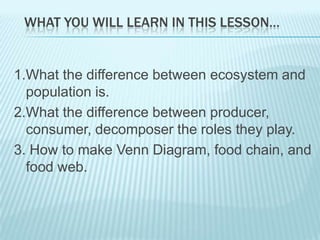 WHAT YOU WILL LEARN IN THIS LESSON…


1.What the difference between ecosystem and
  population is.
2.What the difference between producer,
  consumer, decomposer the roles they play.
3. How to make Venn Diagram, food chain, and
  food web.
 