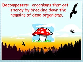Decomposers: organisms that get
   energy by breaking down the
   remains of dead organisms.




              Jodi Lock ,March 2010
 