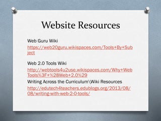 Website Resources
Web Guru Wiki
https://web20guru.wikispaces.com/Tools+By+Sub
ject
Web 2.0 Tools Wiki
http://webtools4u2use.wikispaces.com/Why+Web
Tools%3F+%28Web+2.0%29
Writing Across the CurriculumWiki Resources
http://edutech4teachers.edublogs.org/2013/08/
08/writing-with-web-2-0-tools/

 