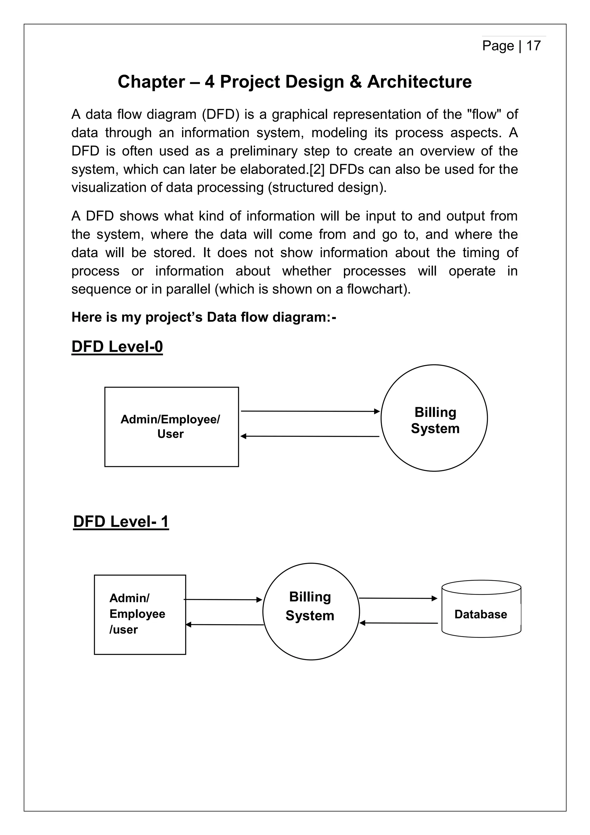Page | 17
Chapter – 4 Project Design & Architecture
A data flow diagram (DFD) is a graphical representation of the "flow" of
data through an information system, modeling its process aspects. A
DFD is often used as a preliminary step to create an overview of the
system, which can later be elaborated.[2] DFDs can also be used for the
visualization of data processing (structured design).
A DFD shows what kind of information will be input to and output from
the system, where the data will come from and go to, and where the
data will be stored. It does not show information about the timing of
process or information about whether processes will operate in
sequence or in parallel (which is shown on a flowchart).
Here is my project’s Data flow diagram:-
DFD Level-0
Admin/Employee/
User
Billing
System
Admin/
Employee
/user
User
Billing
System
DFD Level- 1
Database
 