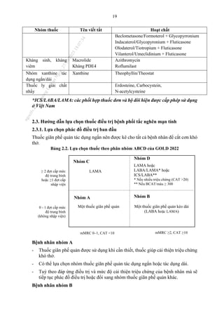 19
Nhóm thuốc Tên viết tắt Hoạt chất
Beclometasone/Formoterol + Glycopyrronium
Indacaterol/Glycopyronium + Fluticasone
Olodaterol/Tiotropium + Fluticasone
Vilanterol/Umeclidinium + Fluticasone
Kháng sinh, kháng
viêm
Macrolide
Kháng PDE4
Azithromycin
Roflumilast
Nhóm xanthine tác
dụng ngắn/dài
Xanthine Theophyllin/Theostat
Thuốc ly giải chất
nhầy
Erdosteine, Carbocystein,
N-acetylcysteine
*ICS/LABA/LAMA: các phối hợp thuốc đơn và bộ đôi hiện được cấp phép sử dụng
ở Việt Nam
2.3. Hướng dẫn lựa chọn thuốc điều trị bệnh phổi tắc nghẽn mạn tính
2.3.1. Lựa chọn phác đồ điều trị ban đầu
Thuốc giãn phế quản tác dụng ngắn nên được kê cho tất cả bệnh nhân để cắt cơn khó
thở.
Bảng 2.2. Lựa chọn thuốc theo phân nhóm ABCD của GOLD 2022
Bệnh nhân nhóm A
- Thuốc giãn phế quản được sử dụng khi cần thiết, thuốc giúp cải thiện triệu chứng
khó thở.
- Có thể lựa chọn nhóm thuốc giãn phế quản tác dụng ngắn hoặc tác dụng dài.
- Tuỳ theo đáp ứng điều trị và mức độ cải thiện triệu chứng của bệnh nhân mà sẽ
tiếp tục phác đồ điều trị hoặc đổi sang nhóm thuốc giãn phế quản khác.
Bệnh nhân nhóm B
Nhóm C
LAMA
Nhóm A
Một thuốc giãn phế quản
Nhóm B
Một thuốc giãn phế quản kéo dài
(LABA hoặc LAMA)
Nhóm D
LAMA hoặc
LABA/LAMA* hoặc
ICS/LABA**
* Nếu nhiều triệu chứng (CAT >20)
** Nếu BCAT/máu ≥ 300
≥ 2 đợt cấp mức
độ trung bình
hoặc ≥1 đợt cấp
nhập viện
0 - 1 đợt cấp mức
độ trung bình
(không nhập viện)
mMRC ≥2, CAT ≥10
mMRC 0–1, CAT <10
n
g
o
c
t
l
v
.
k
c
b
_
T
r
u
o
n
g
L
e
V
a
n
N
g
o
c
_
2
7
/
1
0
/
2
0
2
3
1
8
:
0
7
:
3
4
 