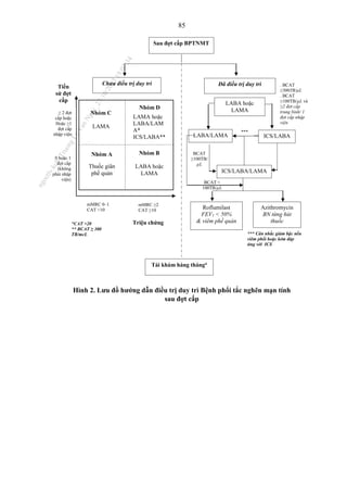 85
Hình 2. Lưu đồ hướng dẫn điều trị duy trì Bệnh phổi tắc nghẽn mạn tính
sau đợt cấp
BCAT <
100TB/µL
Sau đợt cấp BPTNMT
Đã điều trị duy trì
Chưa điều trị duy trì
Triệu chứng
Tiền
sử đợt
cấp
≥ 2 đợt
cấp hoặc
Hoặc ≥1
đợt cấp
nhập viện
0 hoặc 1
đợt cấp
(không
phải nhập
viện)
mMRC 0–1
CAT <10
mMRC ≥2
CAT ≥10
LABA hoặc
LAMA
ICS/LABA
LABA/LAMA
ICS/LABA/LAMA
Azithromycin
BN từng hút
thuốc
Roflumilast
FEV1 < 50%
& viêm phế quản
. BCAT
≥300TB/µL
. BCAT
≥100TB/µL và
≥2 đợt cấp
trung bình/ 1
đợt cấp nhập
viện
***
BCAT
≥100TB/
µL
*CAT >20
** BCAT ≥ 300
TB/mcL *** Cân nhắc giảm bậc nếu
viêm phổi hoặc kém đáp
ứng với ICS
Tái khám hàng thánga
Nhóm B
LABA hoặc
LAMA
Nhóm A
Thuốc giãn
phế quản
Nhóm C
LAMA
Nhóm D
LAMA hoặc
LABA/LAM
A*
ICS/LABA**
n
g
o
c
t
l
v
.
k
c
b
_
T
r
u
o
n
g
L
e
V
a
n
N
g
o
c
_
2
7
/
1
0
/
2
0
2
3
1
8
:
0
7
:
3
4
 