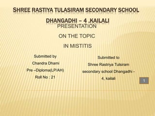 SHREE RASTIYA TULASIRAM SECONDARY SCHOOL
DHANGADHI – 4 ,KAILALI
PRESENTATION
ON THE TOPIC
IN MISTITIS
Submitted to
Shree Rastriya Tulsiram
secondary school Dhangadhi -
4, kailali
Submitted by
Chandra Dhami
Pre –Diploma(LP/AH)
Roll No : 21
1
 